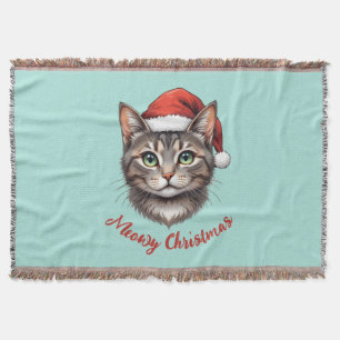 Custom Cute Christmas Cat with Santa Hat Throw Blanket