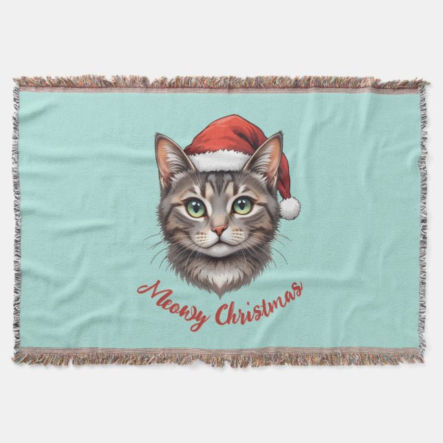 Custom Cute Christmas Cat with Santa Hat Throw Blanket (Front)