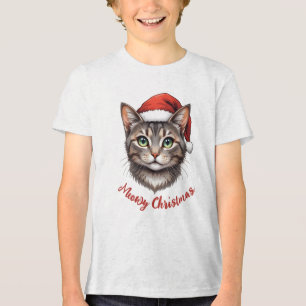 Custom Cute Christmas Cat with Santa Hat Tri-Blend Shirt