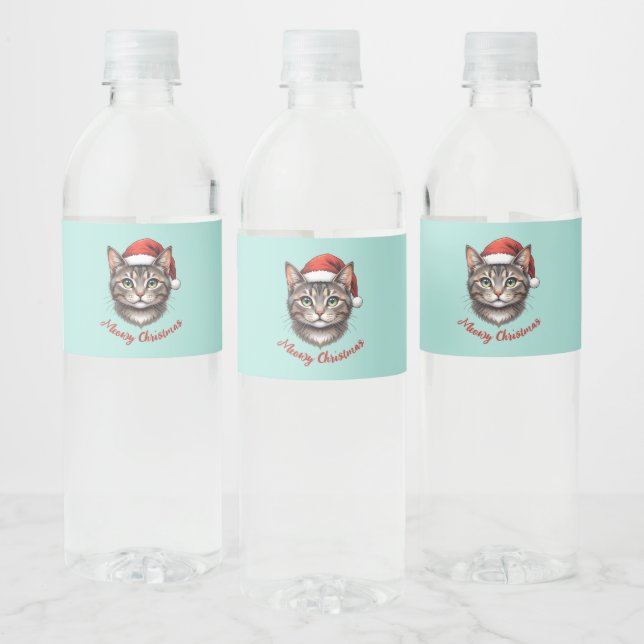 Custom Cute Christmas Cat with Santa Hat Water Bottle Label (Bottles)