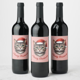 Custom Cute Christmas Cat with Santa Hat Wine Label