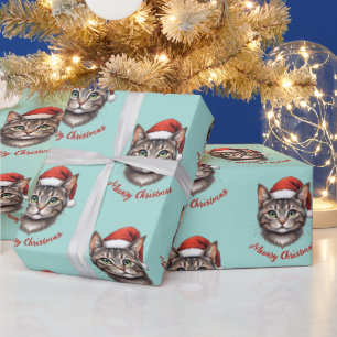 Custom Cute Christmas Cat with Santa Hat Wrapping Paper