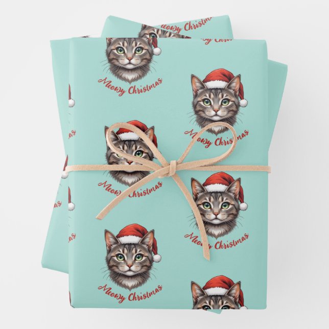 Custom Cute Christmas Cat with Santa Hat Wrapping Paper Sheet (In situ)