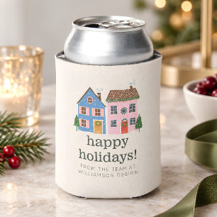Custom Cute Christmas Houses Happy Holidays Can Cooler