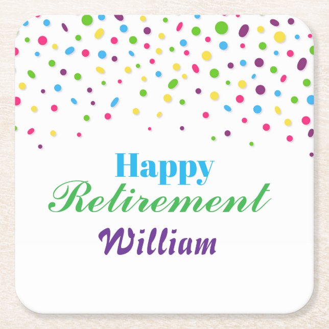 Custom Cute Colourful confetti Happy Retirement  Square Paper Coaster (Front)