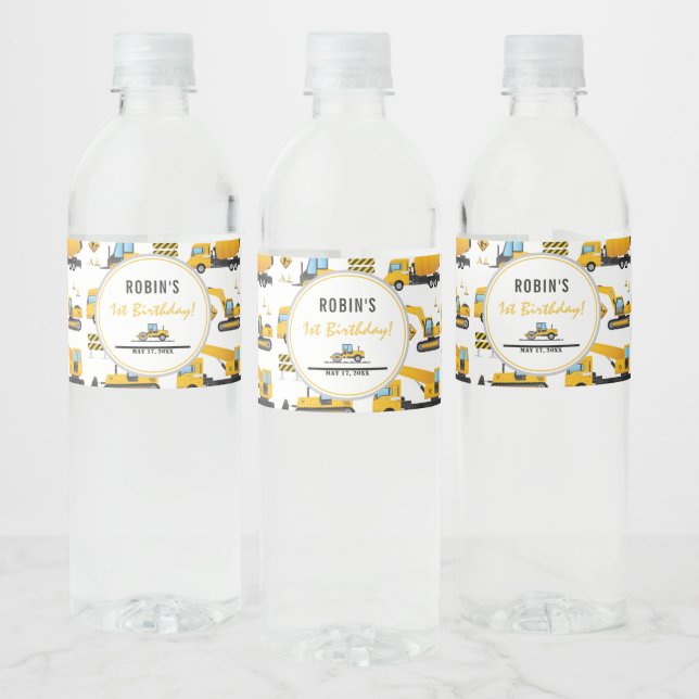 Custom Cute Construction Trucks Themed Drinks Water Bottle Label (Bottles)