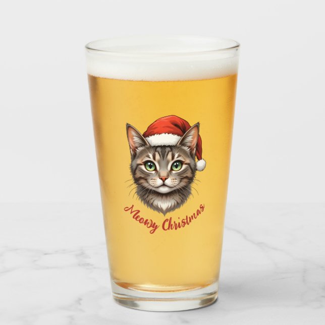 Custom Cute Festive Christmas Cat with Santa Hat Glass (Front Filled)