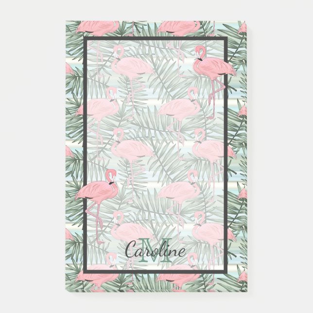 Custom Cute Fun Pink Flamingoes Palm Leafs Pattern Post-it Notes (Front)