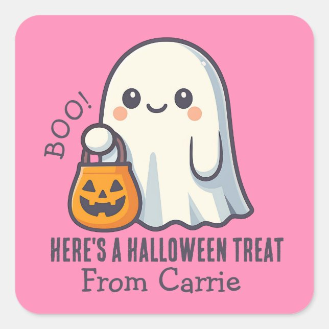 Custom Cute Ghost with Halloween Candy Treat Bag  Square Sticker (Front)