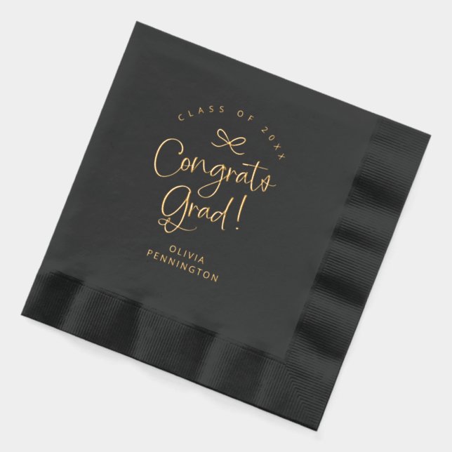 Custom Cute Girly Bow Congrats Grad Gold Foil Napkins (Left)
