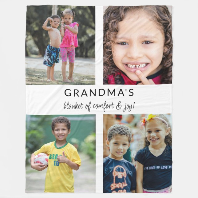 Custom Cute Grandma Comfort Joy Photo Collage Fleece Blanket (Front)
