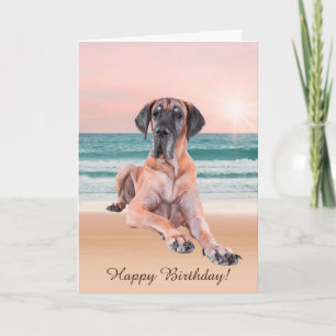 Custom Cute Great Dane Dog Sitting on Beach Card