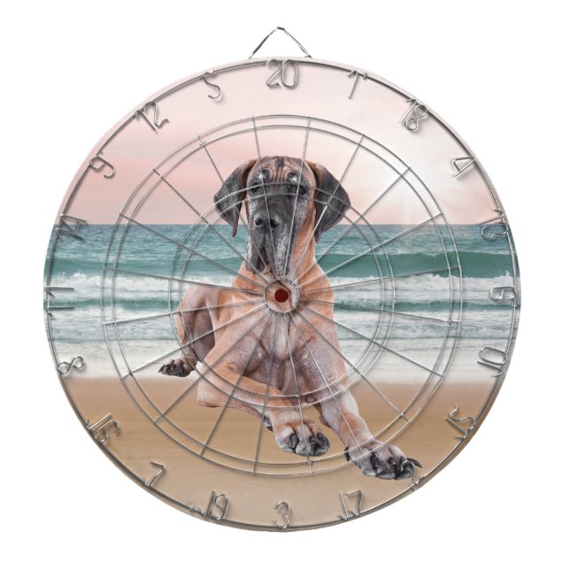 Custom Cute Great Dane Dog Sitting on Beach Dartboard (Front)
