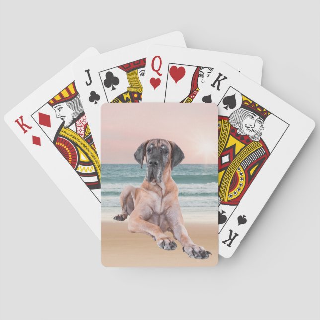 Custom Cute Great Dane Dog Sitting on Beach Playing Cards (Back)