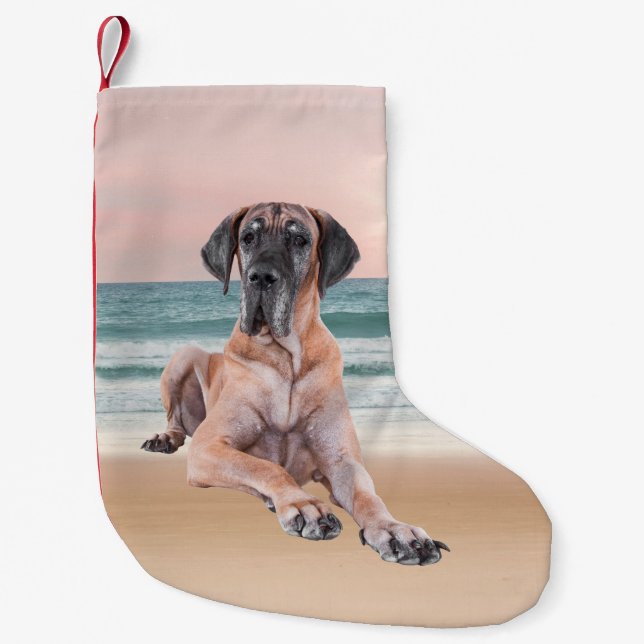Custom Cute Great Dane Dog Sitting on Beach Small Christmas Stocking (Front)