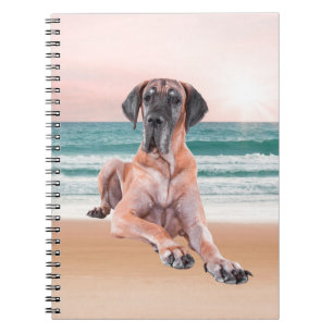 Custom Cute Great Dane Dog Sitting on Beach Spiral Notebook