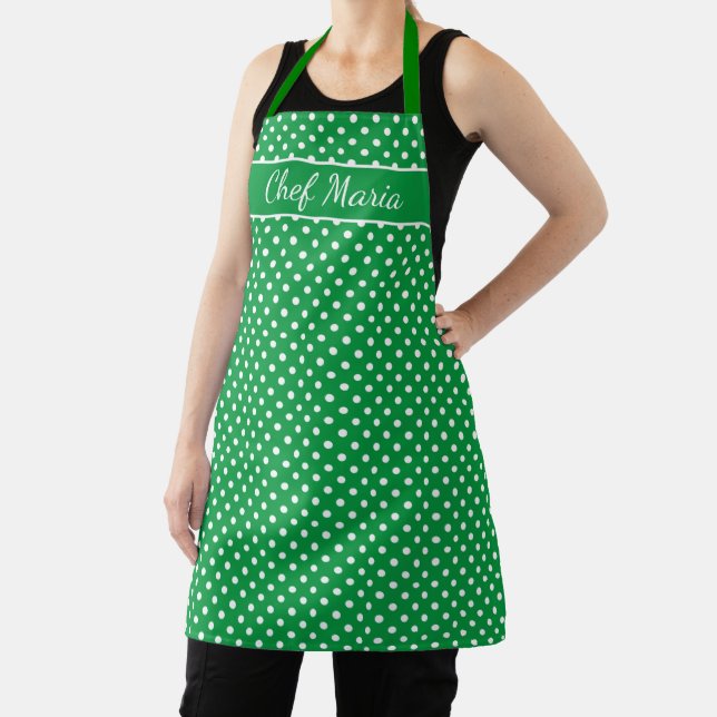 Custom cute green & white polkadot pattern kitchen apron (Insitu)
