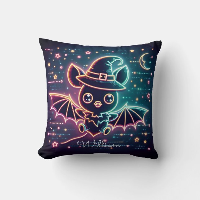 Custom Cute Halloween Bat Witch's Hat Moon Nursery Cushion (Front)