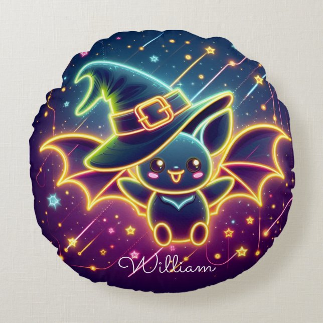 Custom Cute Halloween Bat Witch's Hat Nursery Round Cushion (Front)