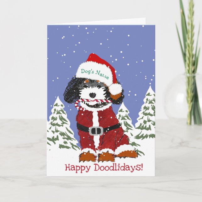 Custom Cute Hand Drawn Bernedoodle Santa Dog Holiday Card (Front)