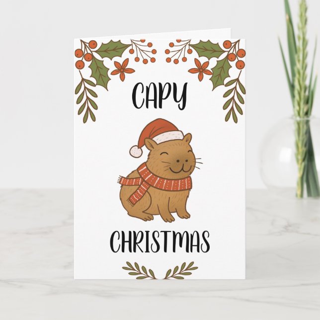 Custom Cute Hand Drawn Capybara Pun Christmas  Card (Front)