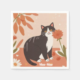 Custom Cute Happy Cat with Spring Flowers Napkin