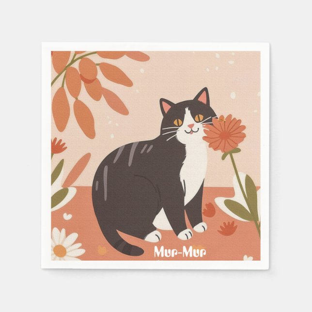 Custom Cute Happy Cat with Spring Flowers  Napkin (Front)