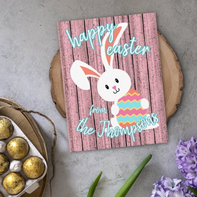 Custom Cute Happy Easter Bunny with Coloured Egg Holiday Card (Creator Uploaded)