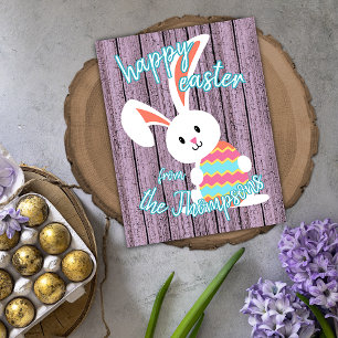Custom Cute Happy Easter Bunny with Coloured Egg Holiday Card