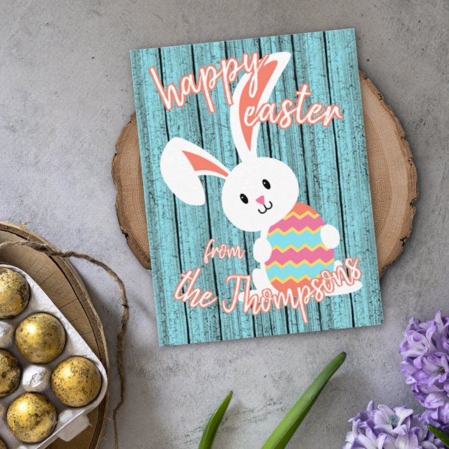 Custom Cute Happy Easter Bunny with Coloured Egg Holiday Card (Creator Uploaded)
