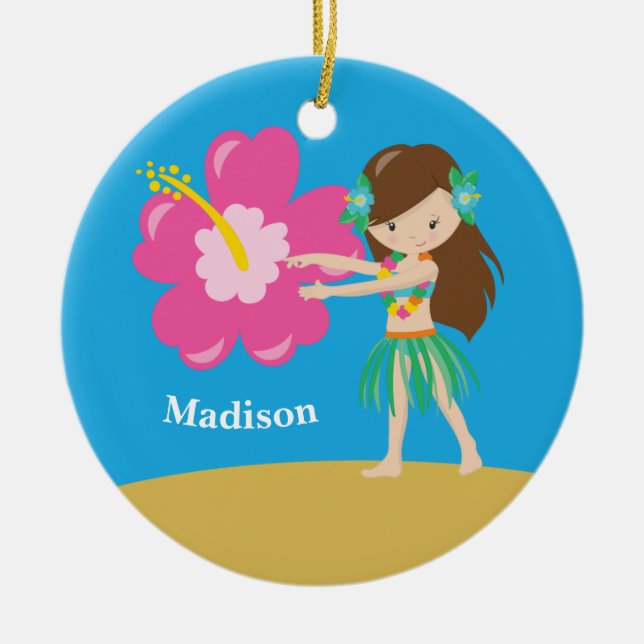 Custom Cute Hula Girl Beach Ceramic Tree Decoration (Front)