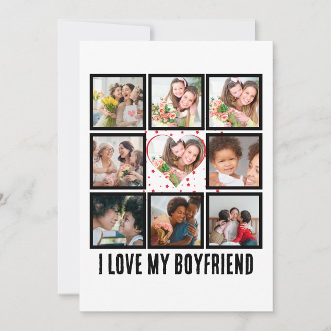 Custom Cute I love my boyfriend 9 Photo collage Holiday Card (Front)