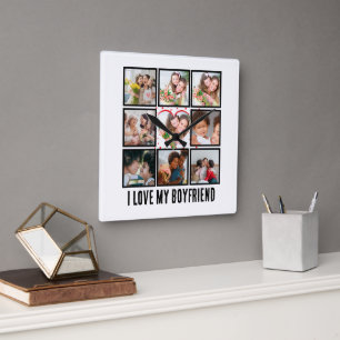 Custom Cute I love my boyfriend 9 Photo collage Square Wall Clock