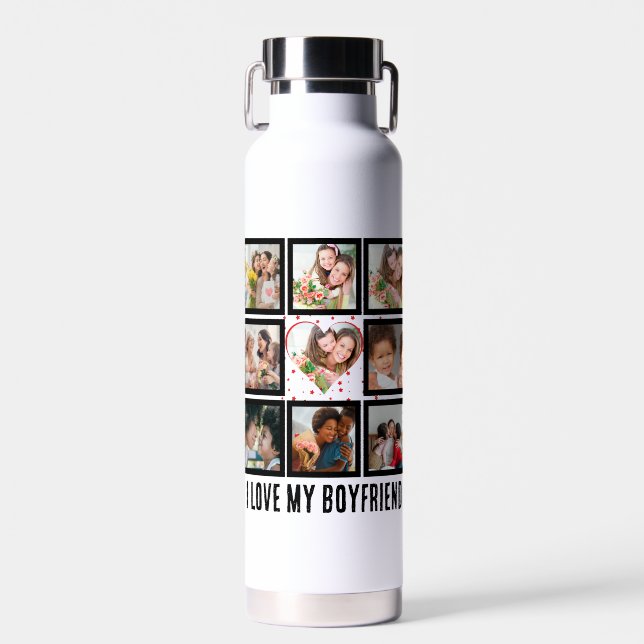 Custom Cute I love my boyfriend 9 Photo collage Water Bottle (Front)