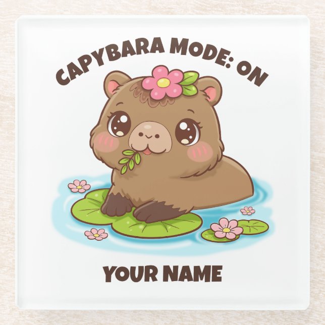 Custom Cute Kawaii Capybara Mode Glass Coaster (Front)