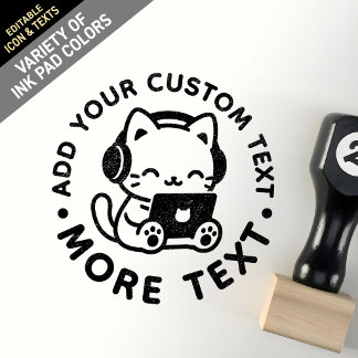 Custom Cute Kawaii Chibi Lo-Fi Study Cat Laptop Rubber Stamp