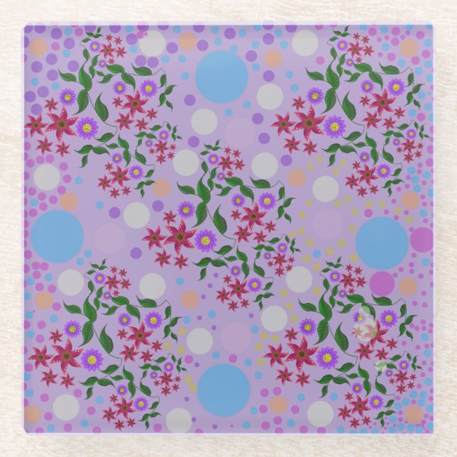 Custom Cute Kidcore Confetti Floral & Vine Pattern Glass Coaster (Front)
