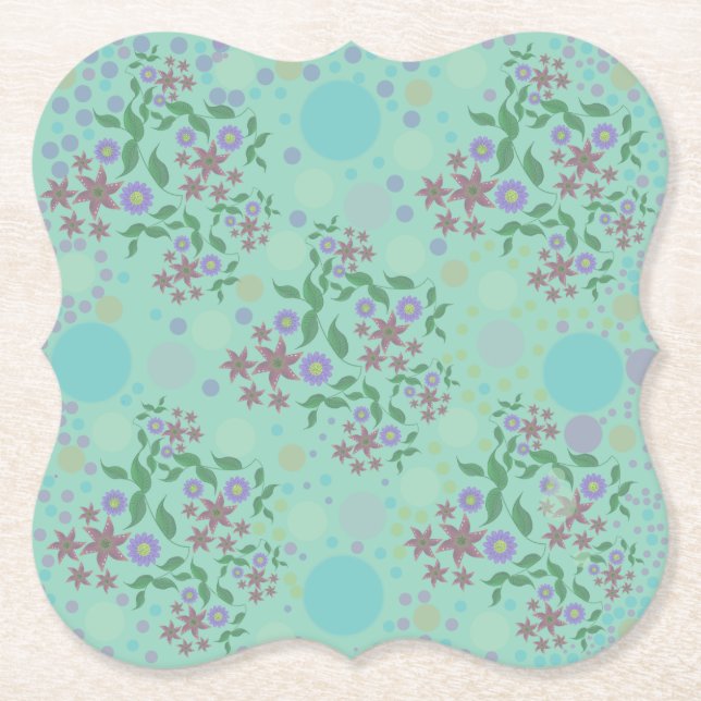 Custom Cute Kidcore Confetti Floral & Vine Pattern Paper Coaster (Front)