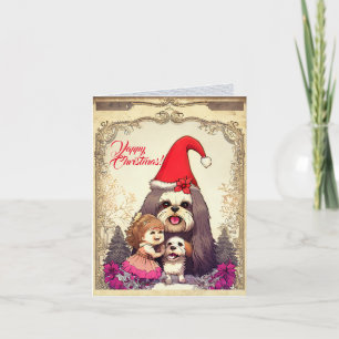 Custom Cute Lhasa Apsa Dog With Little Girl Xmas Card