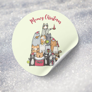 Custom Cute Meowy Christmas Cartoon Cats Flat Classic Round Sticker