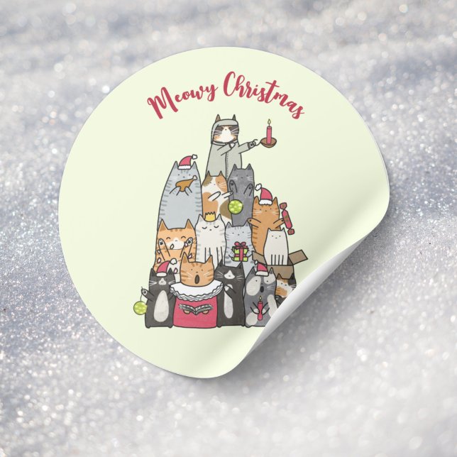 Custom Cute Meowy Christmas Cartoon Cats Flat Classic Round Sticker (Creator Uploaded)