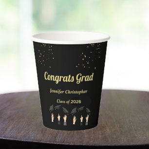 Custom Cute modern Black & Gold Graduation 2026 Paper Cups