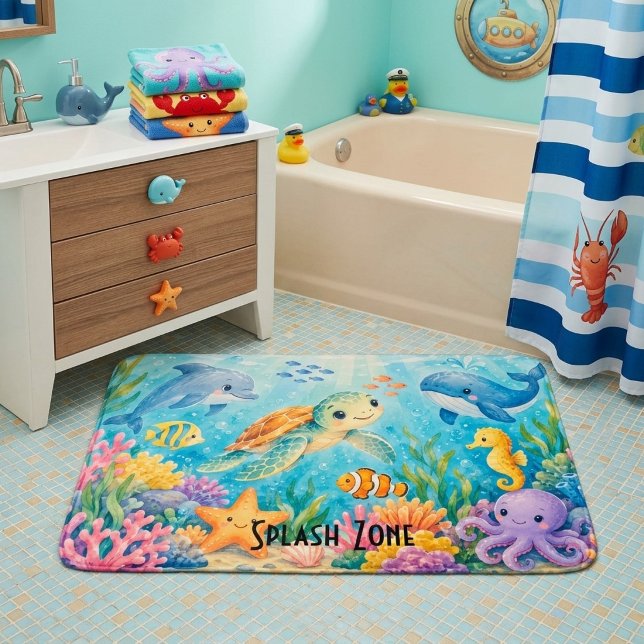 Custom Cute Ocean Animals Splash Zone Bath Mat (Creator Uploaded)