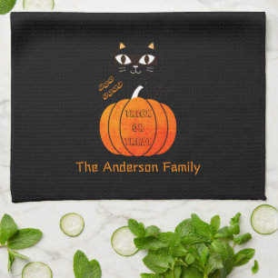 Custom Cute Orange Black Cat & Pumpkin Halloween Tea Towel