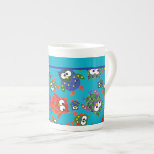 Custom Cute Owls Bone China Mug, Turquoise Blue Bone China Mug