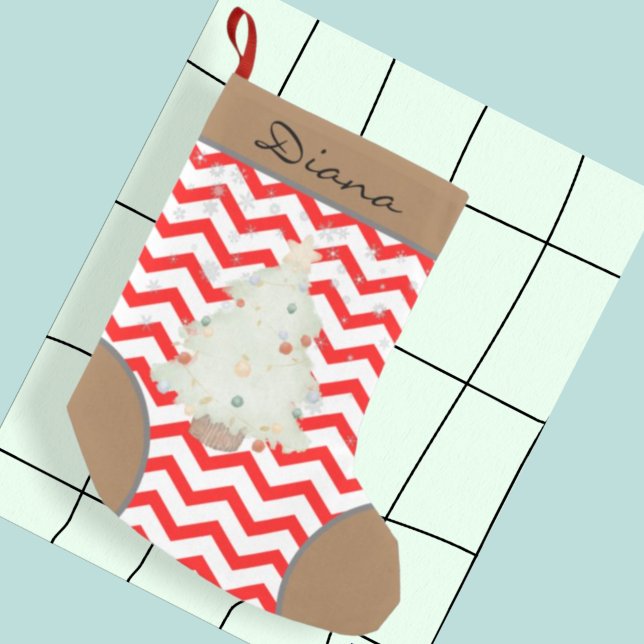 Custom cute pattern red and brown Xmas tree white Small Christmas Stocking (Creator Uploaded)