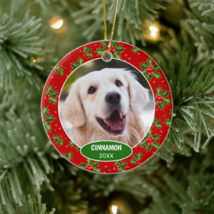 Custom Cute Pet Photo 1st Christmas On Holly Berry Ceramic Tree Decoration