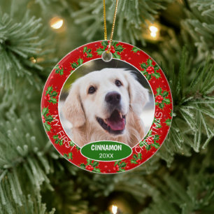 Custom Cute Pet Photo 1st Christmas On Holly Berry Ceramic Tree Decoration
