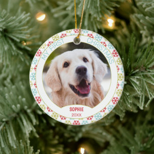 Custom Cute Pet Photo On Red Blue Green Snowflakes Ceramic Tree Decoration
