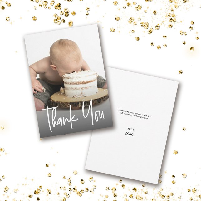 Custom Cute photo handlettering First birthday Thank You Card (Baby 1st birthday thank you photo card.)